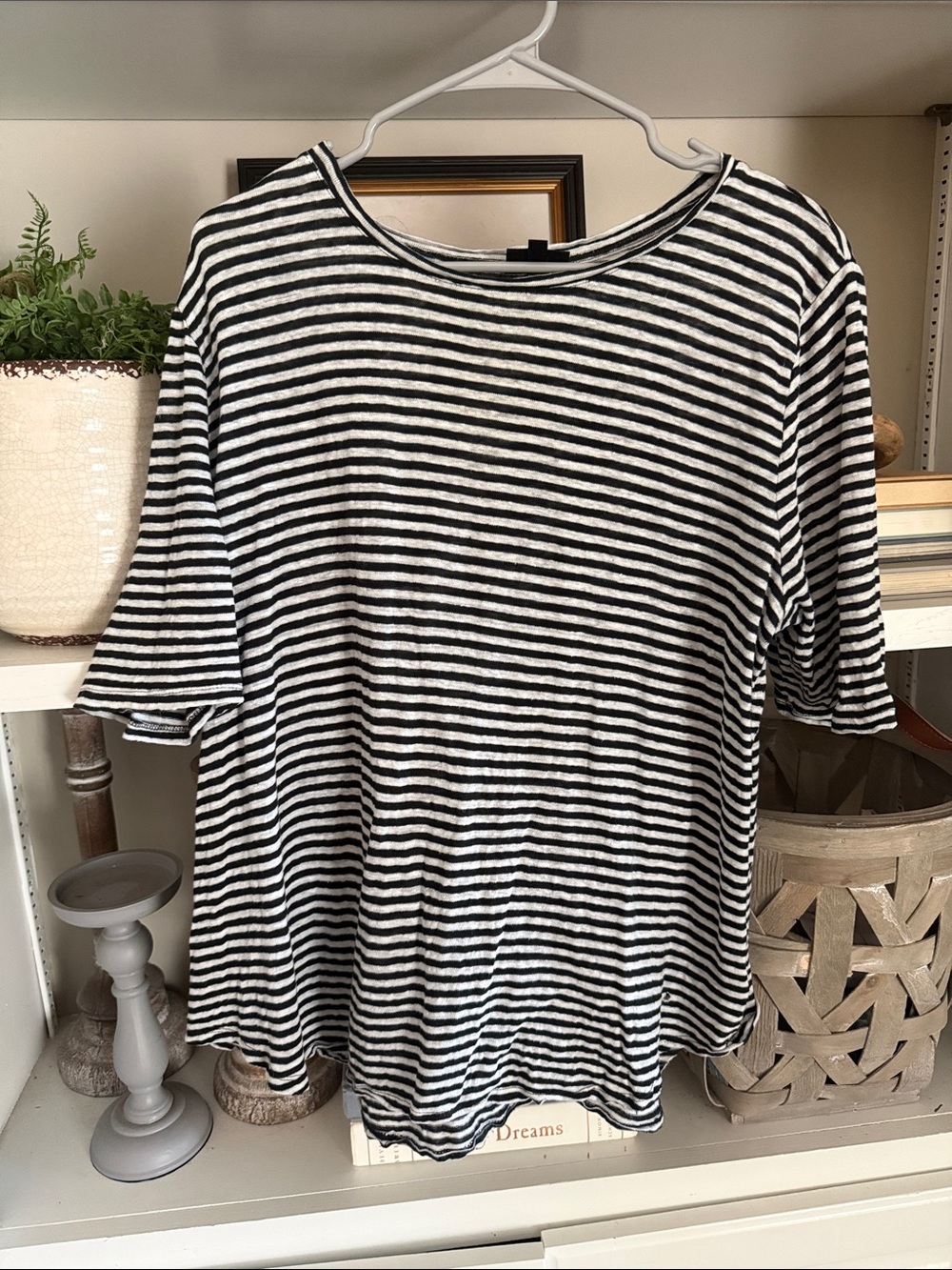 Who What Wear Black & White Striped Short Sleeve Tee Linen